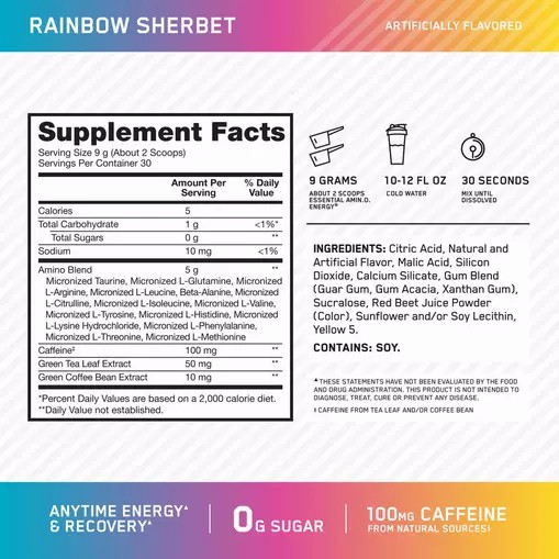 Optimum Nutrition ESSENTIAL AMIN.O. ENERGY® *new* Rainbow Sherbet - Notify Me 0.6 lb - Notify me Argentina | 68927-OSHV