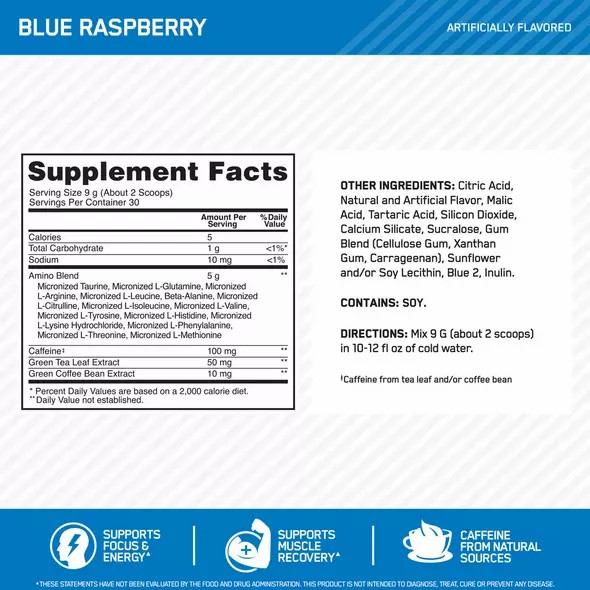 Optimum Nutrition ESSENTIAL AMIN.O. ENERGY® Blue Raspberry 0.6 lb (30 Servings) Argentina | 07182-EQLJ