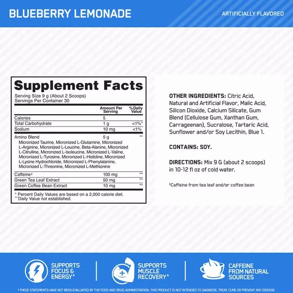 Optimum Nutrition ESSENTIAL AMIN.O. ENERGY® Blueberry Lemonade 0.6 lb (30 Servings) Argentina | 04651-SQGP