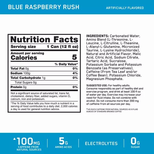 Optimum Nutrition ESSENTIAL AMIN.O. ENERGY+ Electrolytes Sparkling *new* Blue Raspberry Rush 355ml * 12 Cans (12 Servings) Argentina | 32160-HOBM