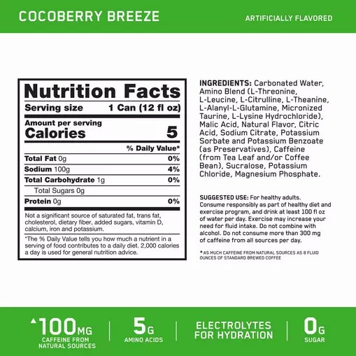 Optimum Nutrition ESSENTIAL AMIN.O. ENERGY+ Electrolytes Sparkling *new* Cocoberry Breeze 355ml * 12 Cans (12 Servings) Argentina | 16875-ZHVP