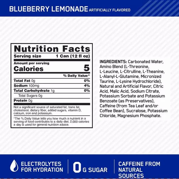 Optimum Nutrition ESSENTIAL AMIN.O. ENERGY+ Electrolytes Sparkling Blueberry Lemonade 355ml * 12 Cans (12 Servings) Argentina | 18453-IHWM