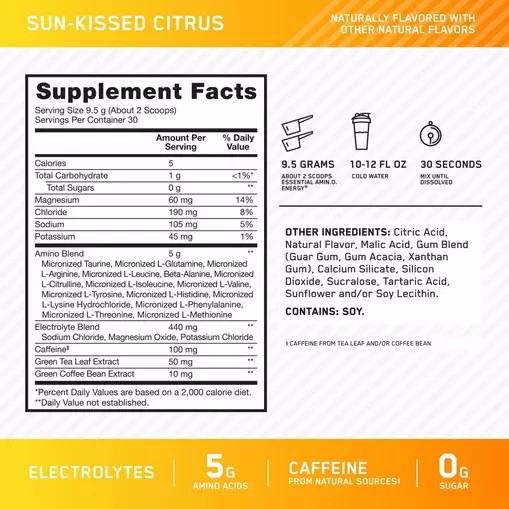 Optimum Nutrition Essential AMIN.O. ENERGY + Electrolytes *new* Sun-kissed Citrus 0.63 lb (30 Servings) Argentina | 53028-WOMX