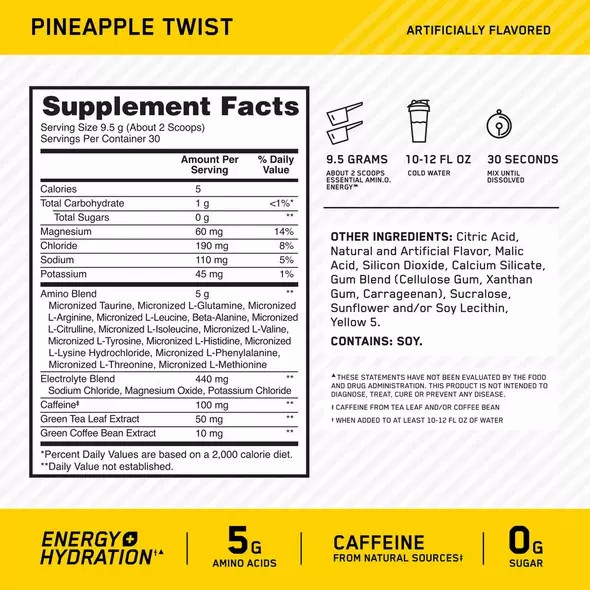 Optimum Nutrition Essential AMIN.O. ENERGY + Electrolytes Pineapple Twist 0.63 lb (30 Servings) Argentina | 94075-NVEA