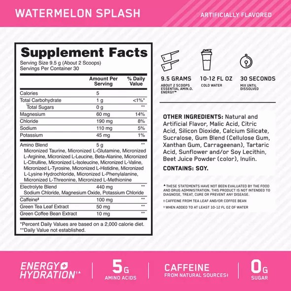 Optimum Nutrition Essential AMIN.O. ENERGY + Electrolytes Watermelon Splash 0.63 lb (30 Servings) Argentina | 57189-FVOX