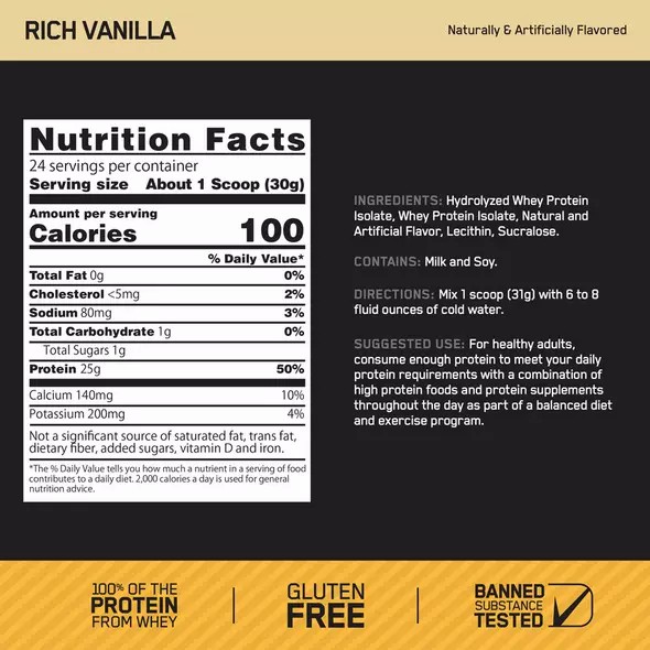 Optimum Nutrition GOLD STANDARD® 100% Isolate Rich Vainilla 2.91 lb (44 Servings) Argentina | 50418-SPAX