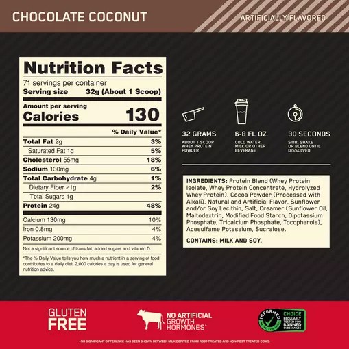 Optimum Nutrition GOLD STANDARD 100% WHEY™ Chocolate Coconut 5 lb (71 Servings) Argentina | 16948-RKPM