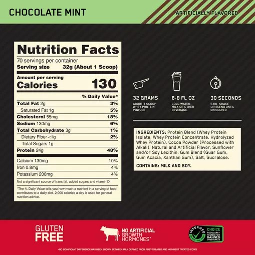 Optimum Nutrition GOLD STANDARD 100% WHEY™ Chocolate Mint 5 lb (70 Servings) Argentina | 36107-ALNY