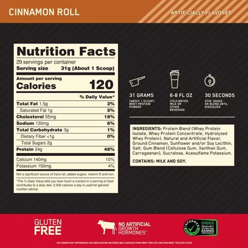 Optimum Nutrition GOLD STANDARD 100% WHEY™ Cinnamon Roll 2 lb (29 Servings) Argentina | 81453-GINC