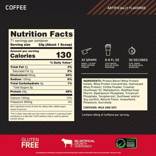 Optimum Nutrition GOLD STANDARD 100% WHEY™ Coffee 5 lb (71 Servings) Argentina | 16540-GHCV