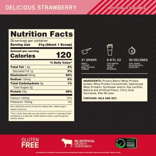 Optimum Nutrition GOLD STANDARD 100% WHEY™ Delicious Strawberry 2 lb (29 Servings) Argentina | 62740-YNER