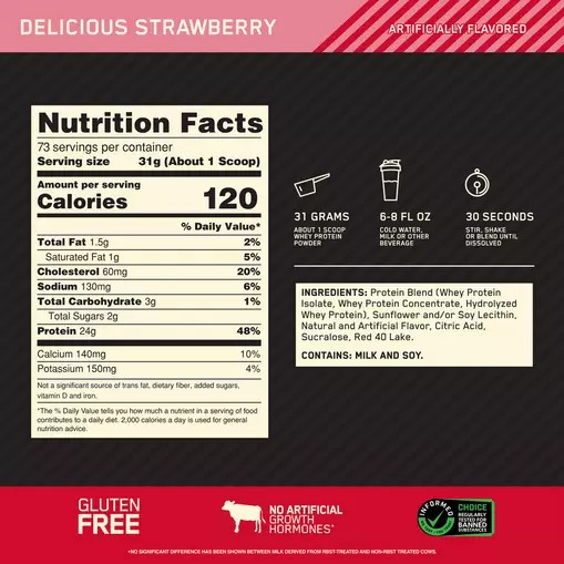 Optimum Nutrition GOLD STANDARD 100% WHEY™ Delicious Strawberry 5 lb (73 Servings) Argentina | 75024-NUPW