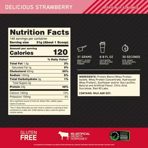 Optimum Nutrition GOLD STANDARD 100% WHEY™ Delicious Strawberry 10 lb (146 Servings) Argentina | 94312-EFTR