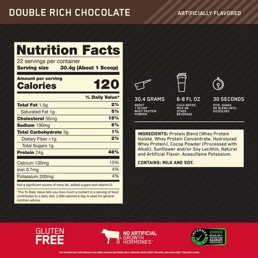 Optimum Nutrition GOLD STANDARD 100% WHEY™ Double Rich Chocolate 1.5 lb (22 Servings) Argentina | 61754-EBFO