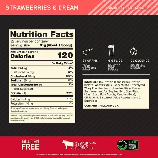 Optimum Nutrition GOLD STANDARD 100% WHEY™ Strawberries & Cream 1.5 lb (22 Servings) Argentina | 90734-FASG