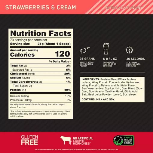 Optimum Nutrition GOLD STANDARD 100% WHEY™ Strawberries & Cream 5 lb (73 Servings) Argentina | 65403-WSIX