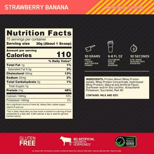 Optimum Nutrition GOLD STANDARD 100% WHEY™ Strawberry Banana 5 lb (75 Servings) Argentina | 05413-IJHV