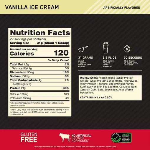 Optimum Nutrition GOLD STANDARD 100% WHEY™ Vainilla Ice Cream 1.5 lb (22 Servings) Argentina | 65734-LASF