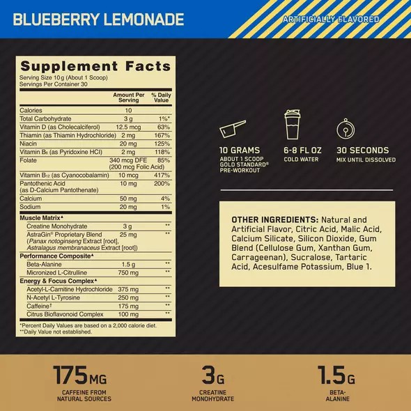 Optimum Nutrition GOLD STANDARD® Pre-Workout Blueberry Lemonade 0.66 lb (30 Servings) Argentina | 32507-EITJ