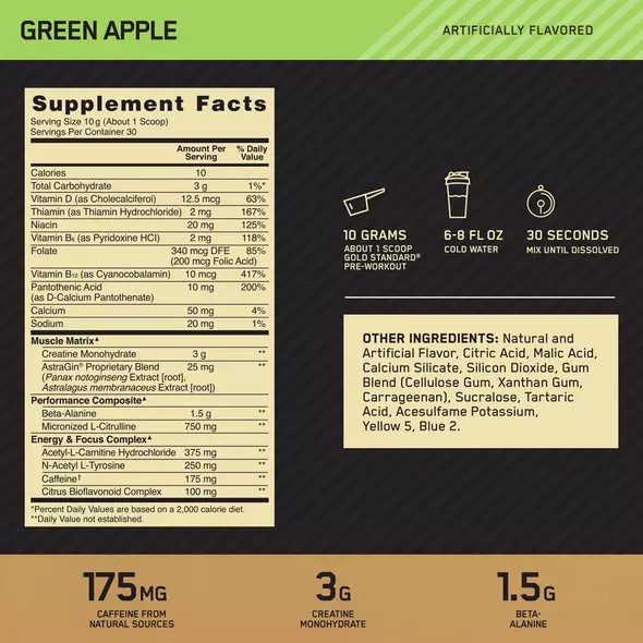 Optimum Nutrition GOLD STANDARD® Pre-Workout Green Apple 0.66 lb (30 Servings) Argentina | 23479-OUIQ