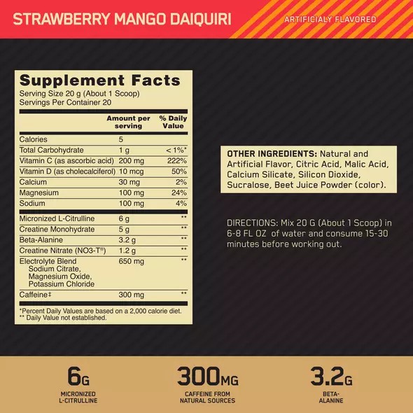 Optimum Nutrition GOLD STANDARD® Pre Advanced Strawberry Mango Daiquiri 0.88 lb (20 Servings) Argentina | 90128-VDBN