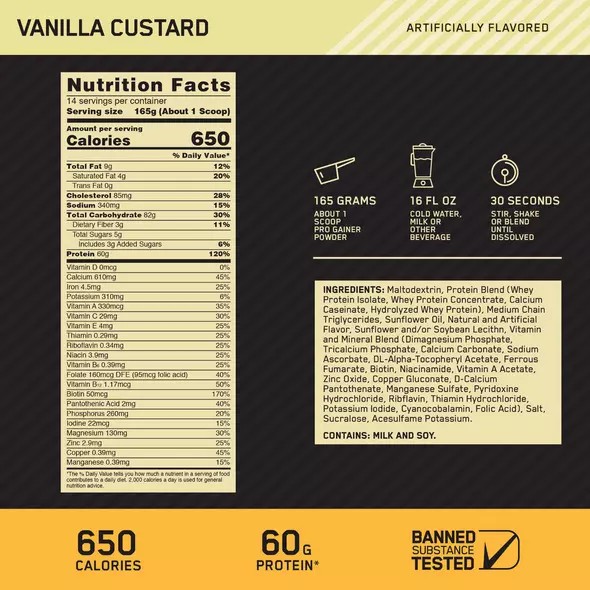 Optimum Nutrition GOLD STANDARD® Pro Gainer Vainilla Custard 5.09 lb (14 Servings) Argentina | 39106-NEYW