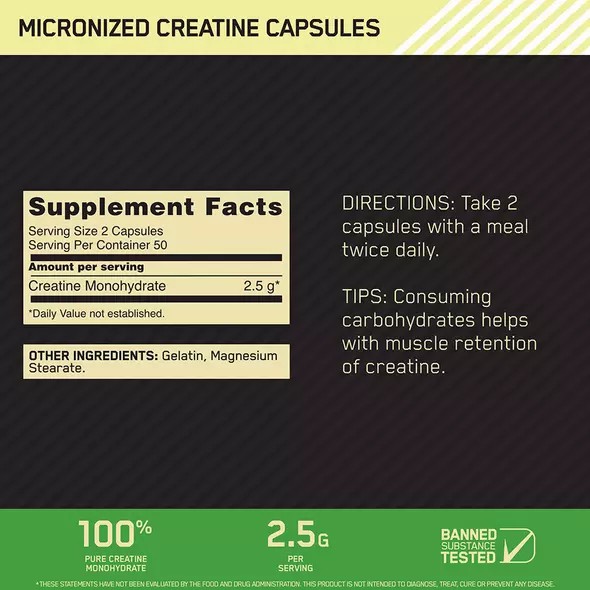 Optimum Nutrition Micronized Creatine Capsules 100 Capsules (50 Servings) Argentina | 21873-RMHA