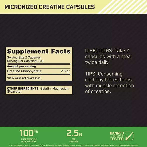 Optimum Nutrition Micronized Creatine Capsules 200 Capsules (100 Servings) Argentina | 42713-APSH