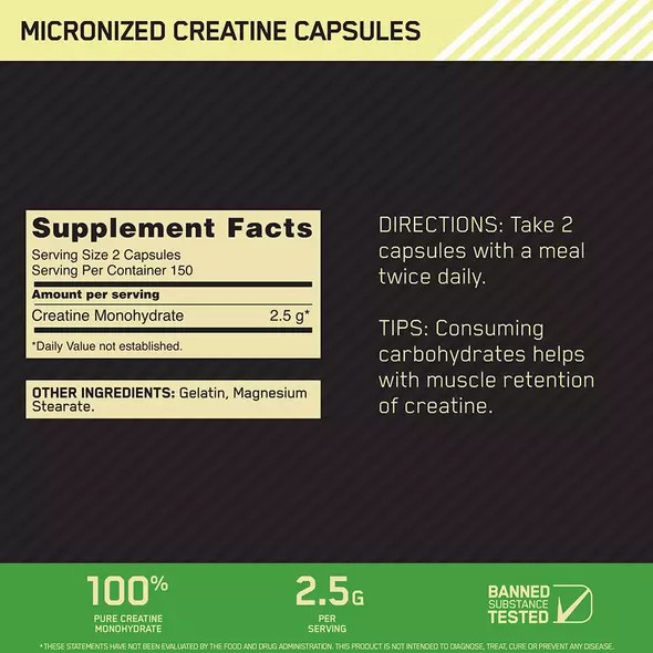 Optimum Nutrition Micronized Creatine Capsules 300 Capsules (150 Servings) Argentina | 19320-NQMC