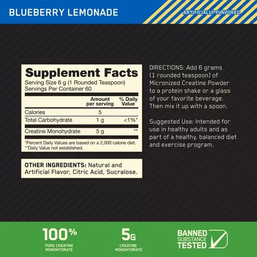 Optimum Nutrition Micronized Creatine Powder Blueberry Lemonade 0.79 lb (60 Servings) Argentina | 87149-UTVK