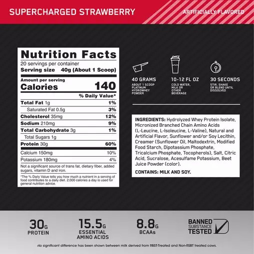 Optimum Nutrition PLATINUM HYDROWHEY™ Supercharged Strawberry 1.76 lb (20 Servings) Argentina | 05937-RBKF