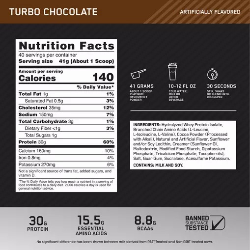 Optimum Nutrition PLATINUM HYDROWHEY™ Turbo Chocolate 3.61 lb (40 Servings) Argentina | 31907-XOHU