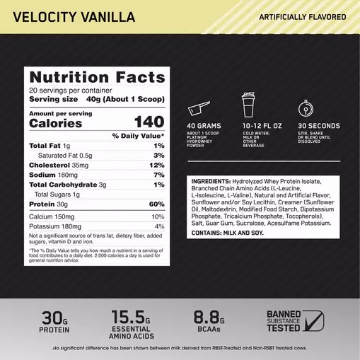 Optimum Nutrition PLATINUM HYDROWHEY™ Velocity Vainilla 1.76 lb (20 Servings) Argentina | 37462-AEQD