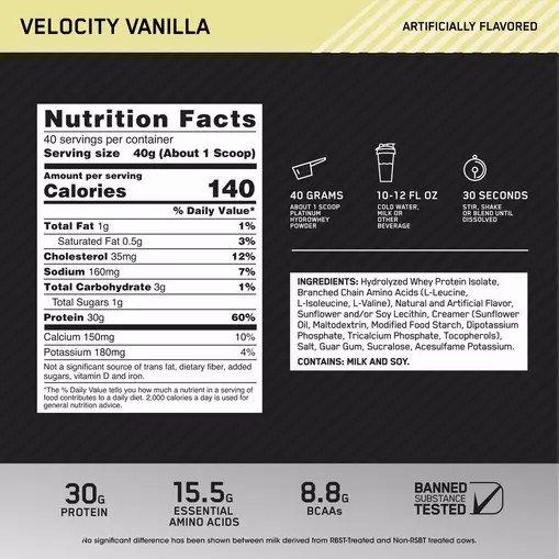 Optimum Nutrition PLATINUM HYDROWHEY™ Velocity Vainilla 3.52 lb (40 Servings) Argentina | 18965-LXWO