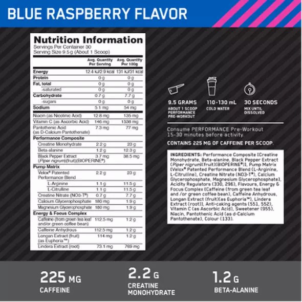 Optimum Nutrition Performance Pre-Workout Blue Raspberry 285g Argentina | 09321-COFP