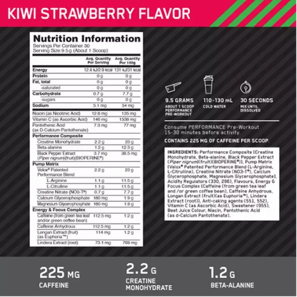 Optimum Nutrition Performance Pre-Workout Kiwi Strawberry 285g Argentina | 72349-IMFG