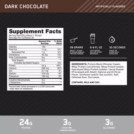 Optimum Nutrition Platinum Rebuild Dark Chocolate 1.67 lb (20 Servings) Argentina | 13298-XGPD