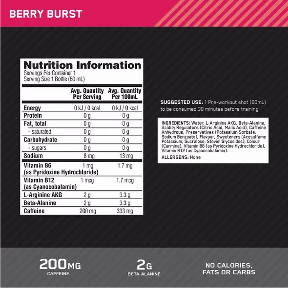 Optimum Nutrition Pure Pre 200 Pre-Workout Shot Berry 60ml (12 shots) Argentina | 94065-SPDM