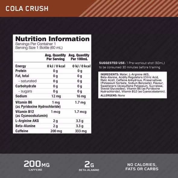 Optimum Nutrition Pure Pre 200 Pre-Workout Shot Cola 60ml (12 shots) Argentina | 53218-BNKD