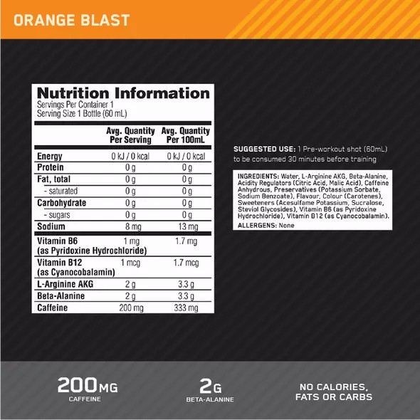 Optimum Nutrition Pure Pre 200 Pre-Workout Shot Orange 60ml (12 shots) Argentina | 61473-TVBC