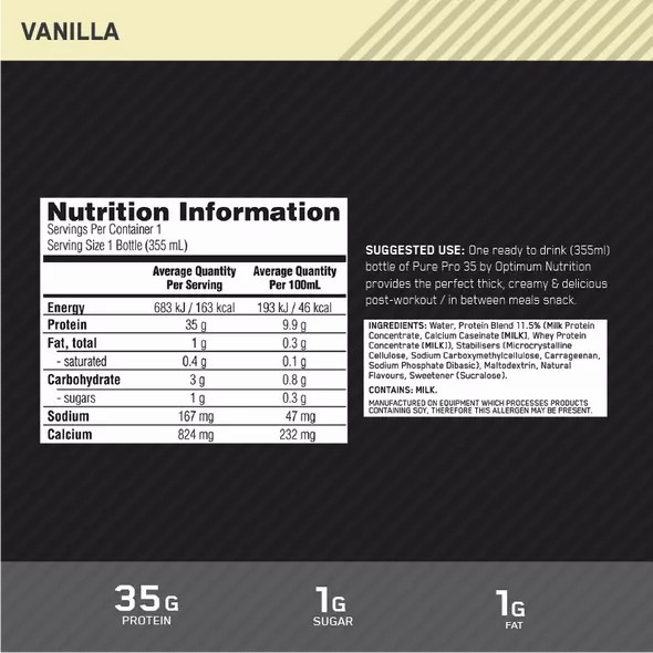 Optimum Nutrition Pure Pro 35 Vainilla 355ml (6 bottles) Argentina | 30547-VJAW