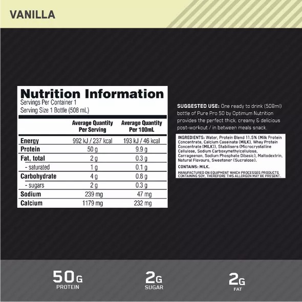 Optimum Nutrition Pure Pro 50 Vainilla 508ml (12 bottles) Argentina | 45396-WDAI